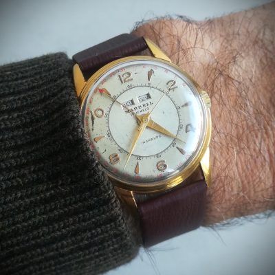 Marbell triple date vintage watch, 1950s, 35.5 mm, working and serviced